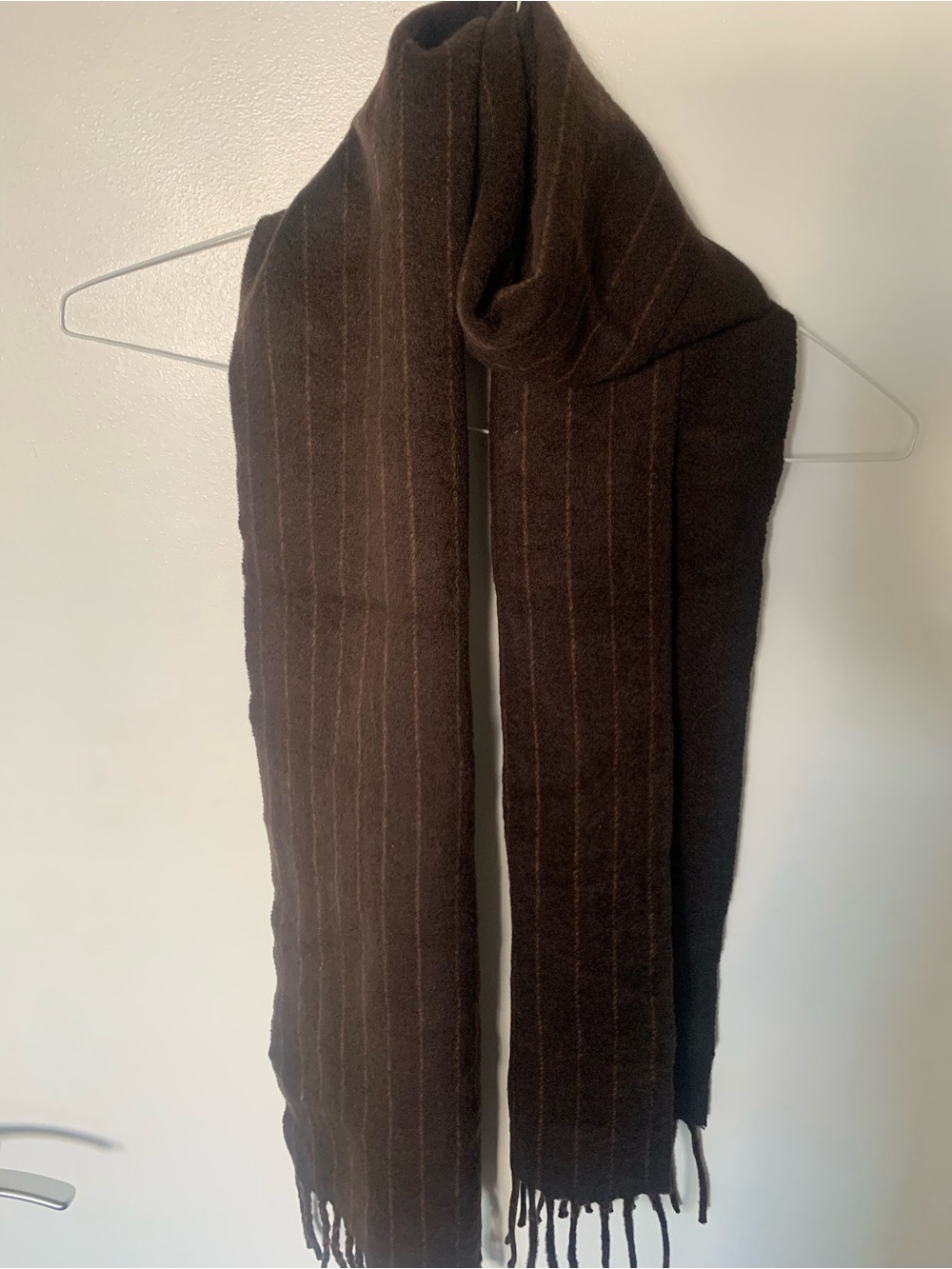 Classic Dark Brown Ribbed Fringe Wool Scarf  70”x10”